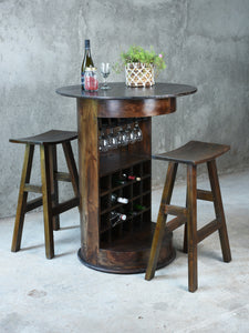 Sunset Trading Cottage 20 Bottle Barrel Bar with 2 Stools & Wine Glass Rack Made from Solid Wood in Java Brown