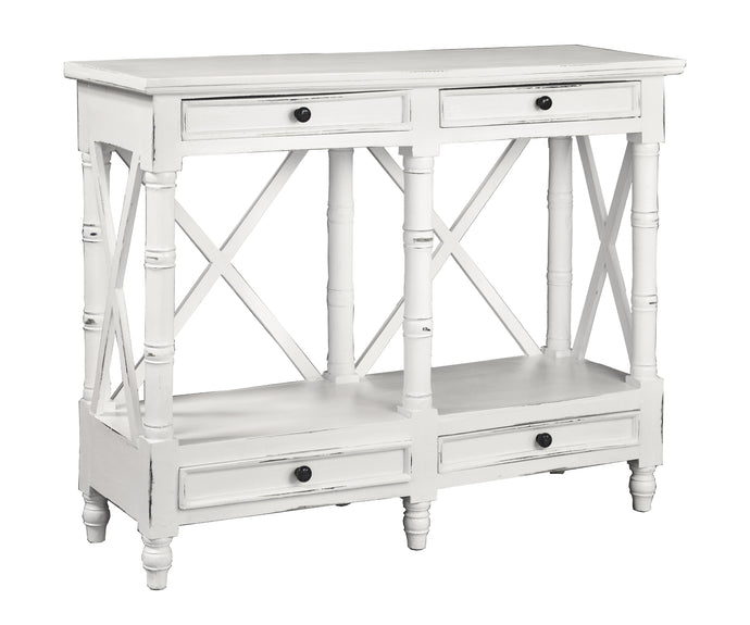 Sunset Trading Cottage X Best Console Table with 4 Drawers & Shelf in Distressed White