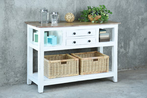 Sunset Trading Cottage Sideboard Island with Basket in Distressed White and Brown