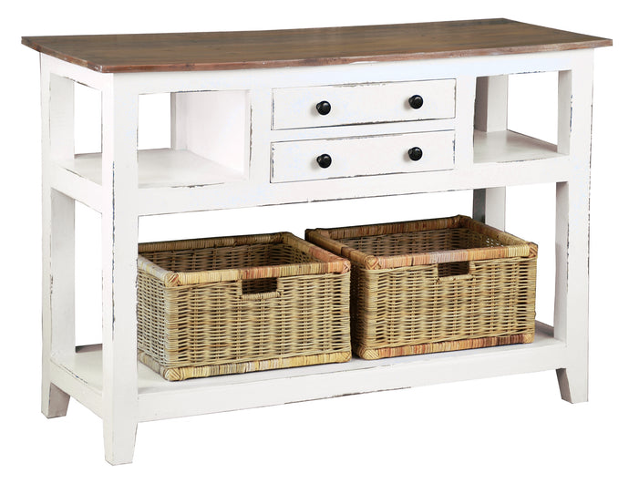 Sunset Trading Cottage Sideboard Island with Basket in Distressed White and Brown