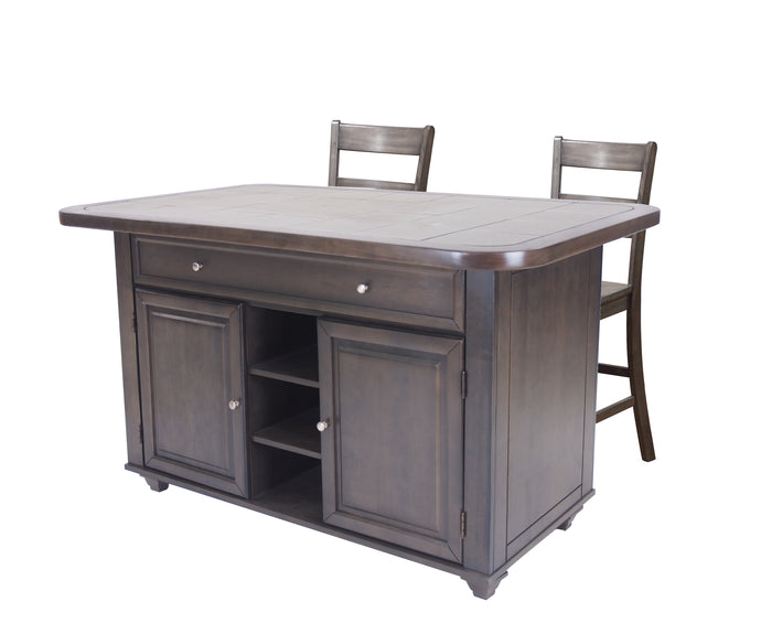 Sunset Trading 3 Piece Antique Gray Kitchen Island Set with Grey Tile Top