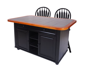 Sunset Trading 3 Piece Antique Black Kitchen Island Set with Gray Tile Top