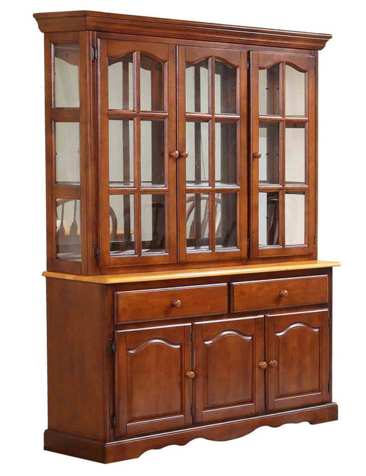 Sunset Trading Oak Selections Treasure Buffet and Lighted Hutch in Nutmeg Brown and Light Oak