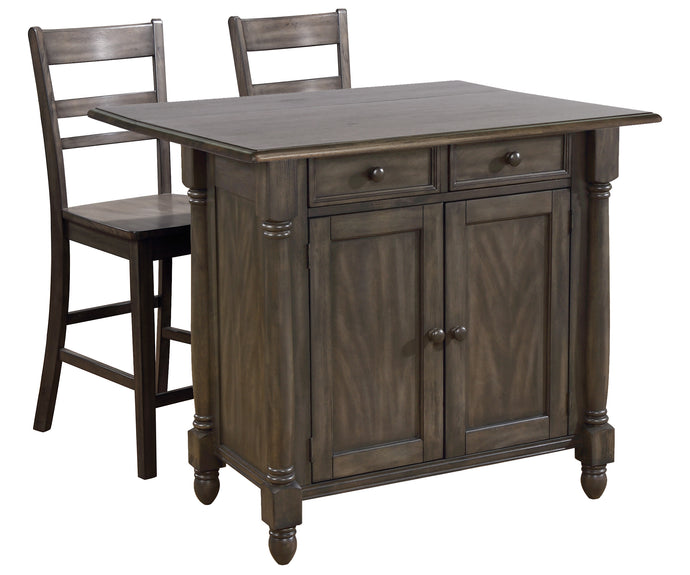 Sunset Trading Shades of Gray Drop Leaf Kitchen Island Set with 2 Stools include Breakfast Bar & Drawers Storage