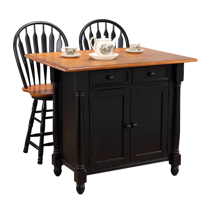 Sunset Trading Antique Black with Cherry Drop Leaf Kitchen Island with 2 Swivel Stools include Breakfast Bar & Drawers Storage