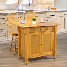 Load image into Gallery viewer, Sunset Trading Light Oak Drop Leaf Kitchen Island with 2 Swivel Stools include Breakfast Bar &amp; Drawers Storage