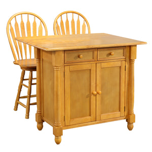 Sunset Trading Light Oak Drop Leaf Kitchen Island with 2 Swivel Stools include Breakfast Bar & Drawers Storage