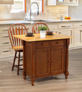 Sunset Trading Nutmeg with Light Oak Drop Leaf Kitchen Island with 2 Swivel Stools include Breakfast Bar & Drawers Storage