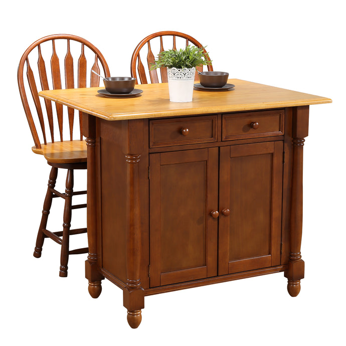 Sunset Trading Nutmeg with Light Oak Drop Leaf Kitchen Island with 2 Swivel Stools include Breakfast Bar & Drawers Storage