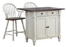Load image into Gallery viewer, Sunset Trading Andrews Drop Leaf Kitchen Island with Counter Height Stools with Arms in Antique White and Chestnut Brown