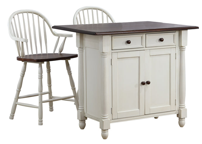 Sunset Trading Andrews Drop Leaf Kitchen Island with Counter Height Stools with Arms in Antique White and Chestnut Brown