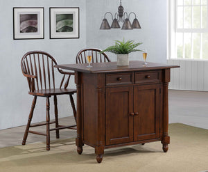 Sunset Trading Andrews Drop Leaf Kitchen Island with Counter Height Stools with Arms in Distressed Chestnut Brown