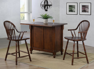 Sunset Trading Andrews Drop Leaf Kitchen Island with Counter Height Stools with Arms in Distressed Chestnut Brown