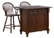 Load image into Gallery viewer, Sunset Trading Andrews Drop Leaf Kitchen Island with Counter Height Stools with Arms in Distressed Chestnut Brown