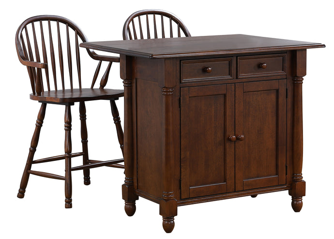 Sunset Trading Andrews Drop Leaf Kitchen Island with Counter Height Stools with Arms in Distressed Chestnut Brown