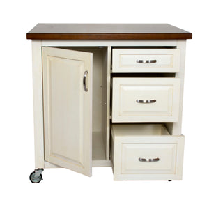 Sunset Trading Andrews Kitchen Cart include Three Drawers &  Adjustable Shelf Cabinet in Distressed Antique White and Chestnut