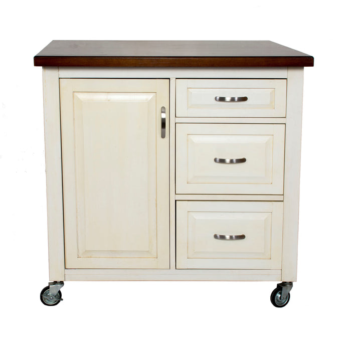 Sunset Trading Andrews Kitchen Cart include Three Drawers &  Adjustable Shelf Cabinet in Distressed Antique White and Chestnut