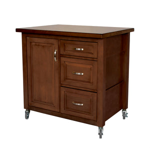 Sunset Trading Andrews Kitchen Cart include Three Drawers & Adjustable Shelf Cabinet in Distressed Chestnut Brown