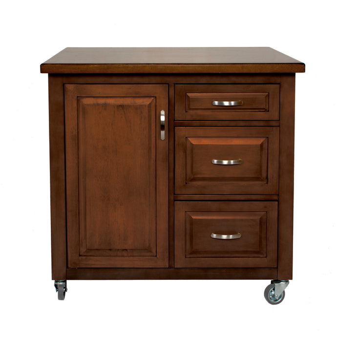 Sunset Trading Andrews Kitchen Cart include Three Drawers & Adjustable Shelf Cabinet in Distressed Chestnut Brown